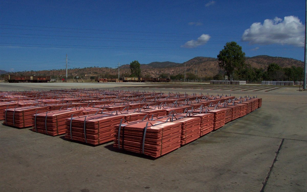 Bundled copper cathodes in a storage yard